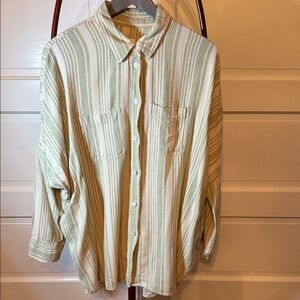 American Eagle Linen Blend Sage Stripe Oversized Button Down XS Fits S-M